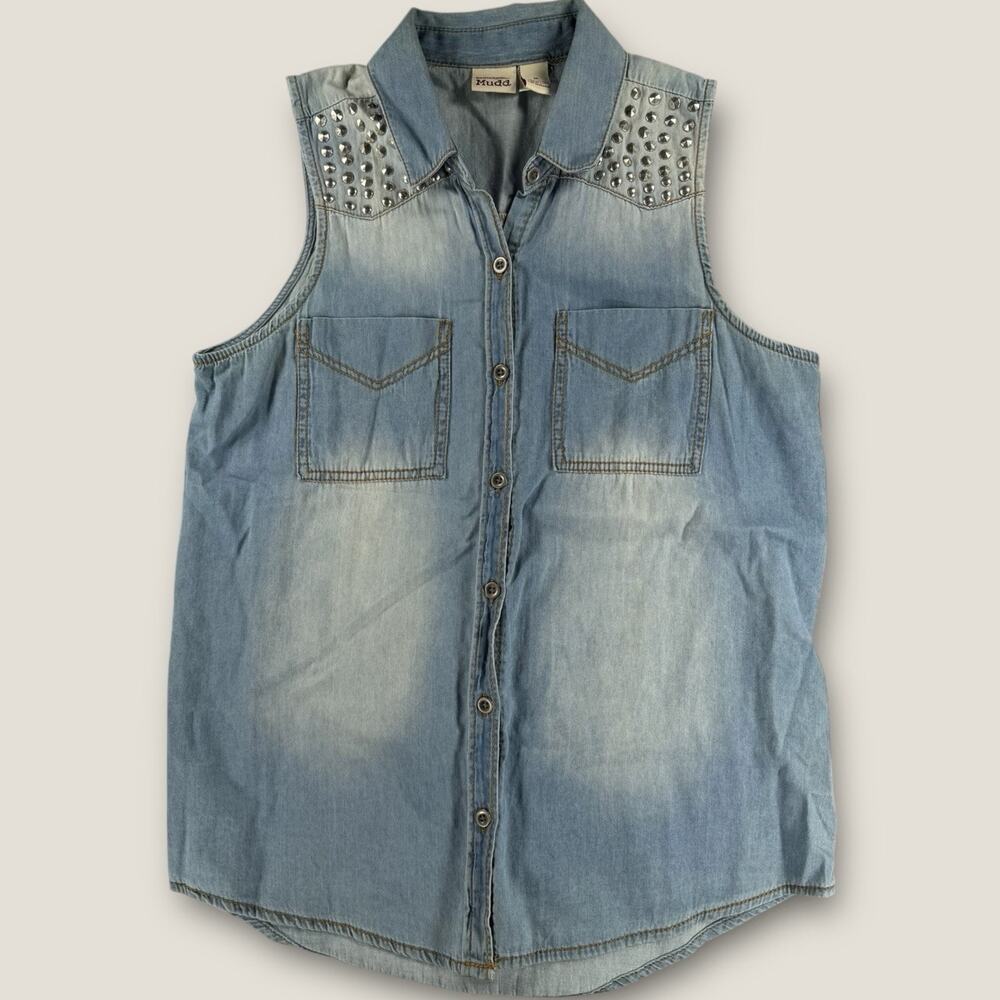Mudd Denim Vest Women's Medium Blue Studded Button Up‎ Sleeveless Jean Jacket